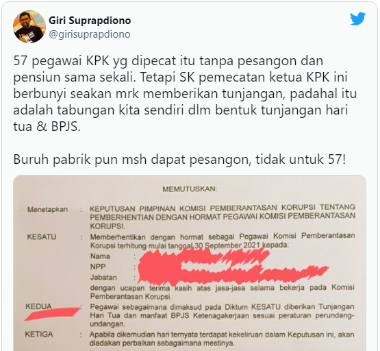 Giri Sebut 57 Pegawai KPK Dipecat Tanpa Pesangon dan Tunjangan